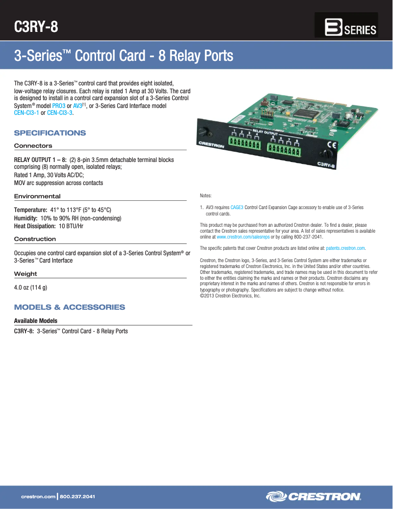 Page 1 de la notice Fiche technique Crestron C3RY-8