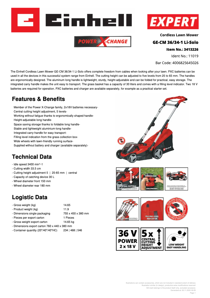 Page n°1 - Fiche technique Einhell GE-CM 36/34-1 Li
