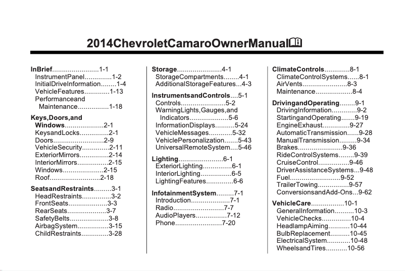 Page 1 de la notice Manuel utilisateur Chevrolet Camaro (2014)