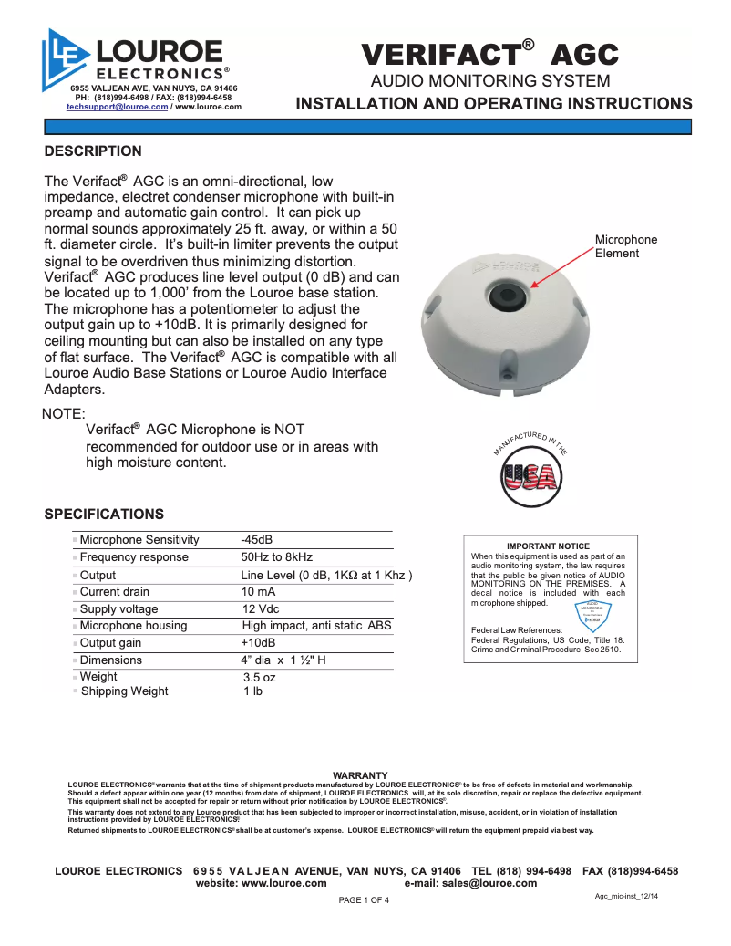 Image de la première page du manuel de l'appareil Verifact AGC