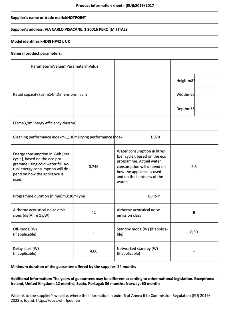 Page 1 de la notice Fiche technique Hotpoint HD8I HP42 L UK