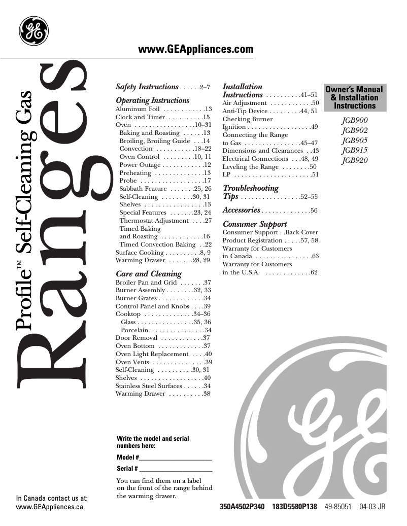 Image de la première page du manuel de l'appareil JGB915WEFWW