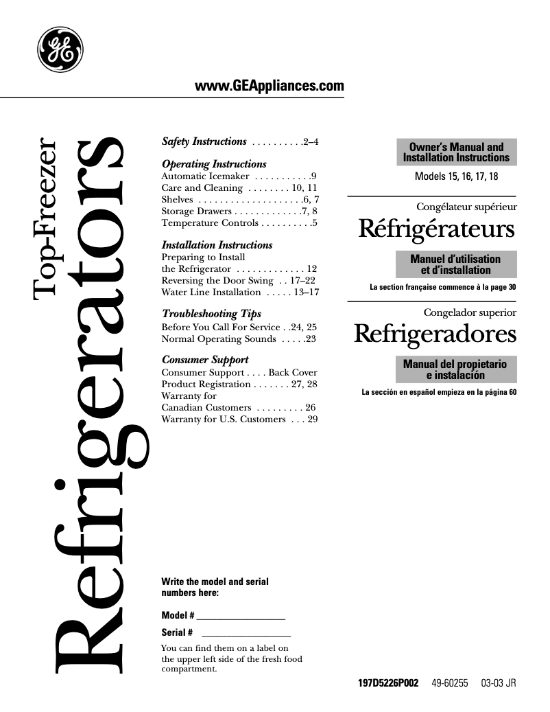 Page n°1 - Manuel d'utilisation et d'entretien GE GTR15BBMRAA