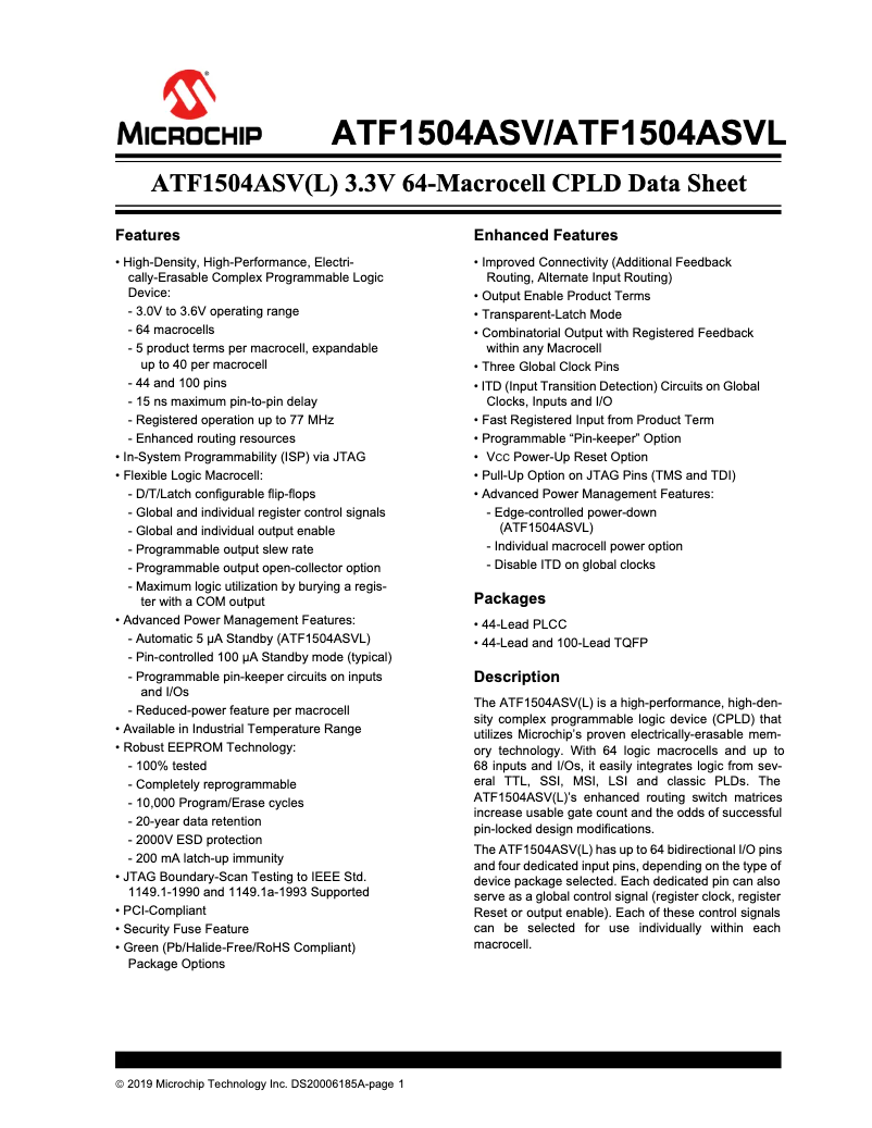 Page 1 de la notice Fiche technique Microchip ATF1504ASVL