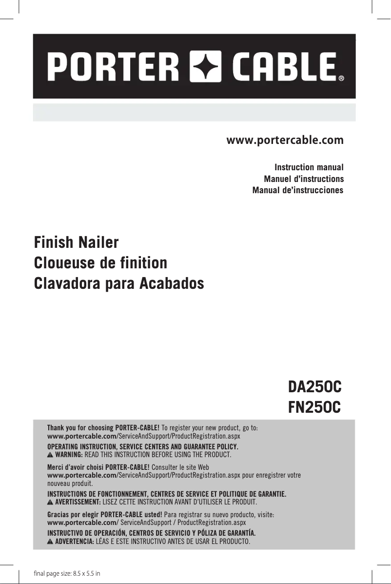 Page n°1 - Manuel utilisateur Porter-Cable FN250C
