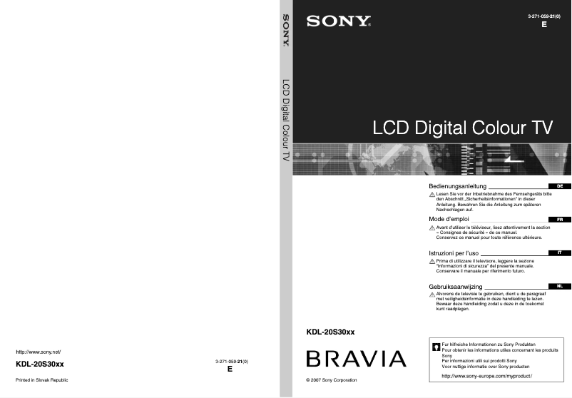Page 1 de la notice Manuel utilisateur Sony Bravia KDL-20S3040
