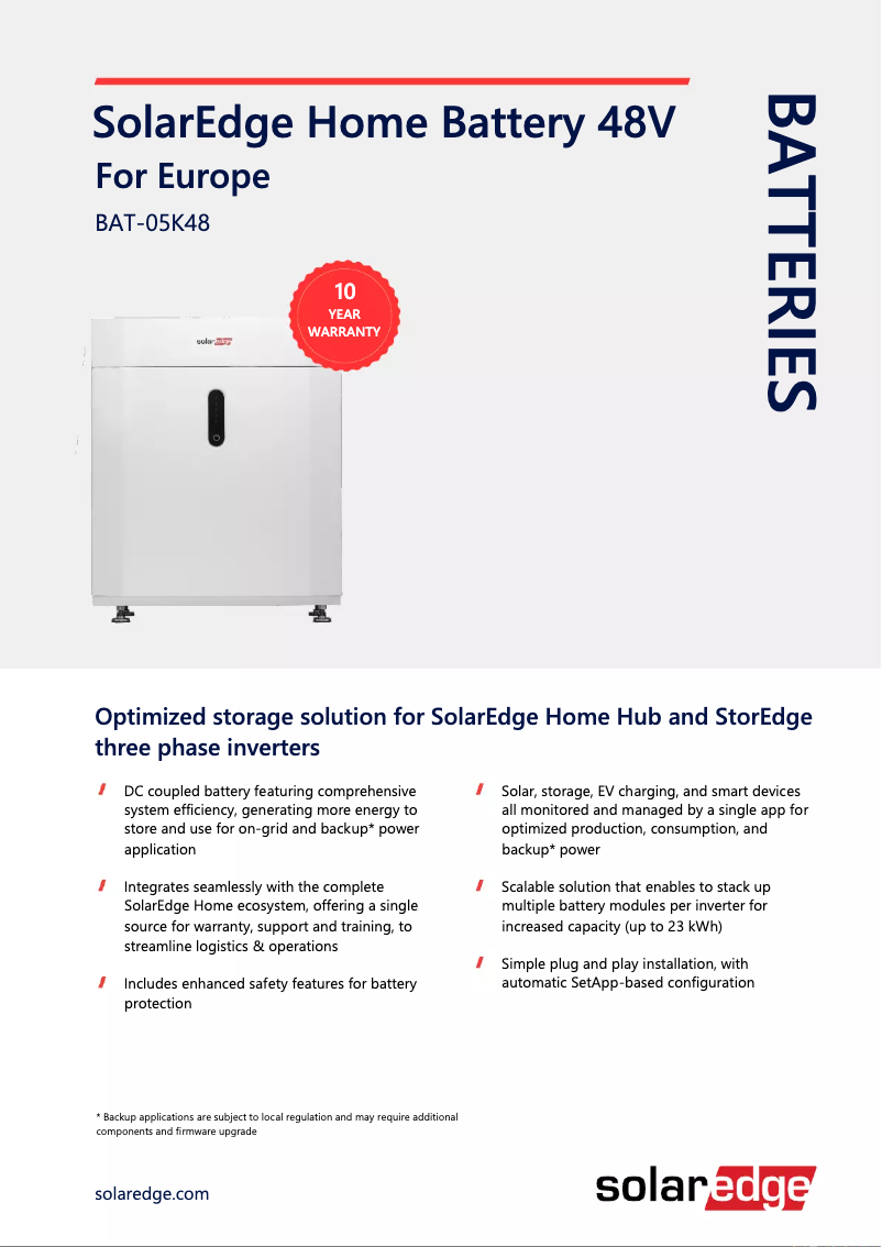 Page 1 de la notice Fiche technique SolarEdge IAC-RBAT-5KCBAT-01