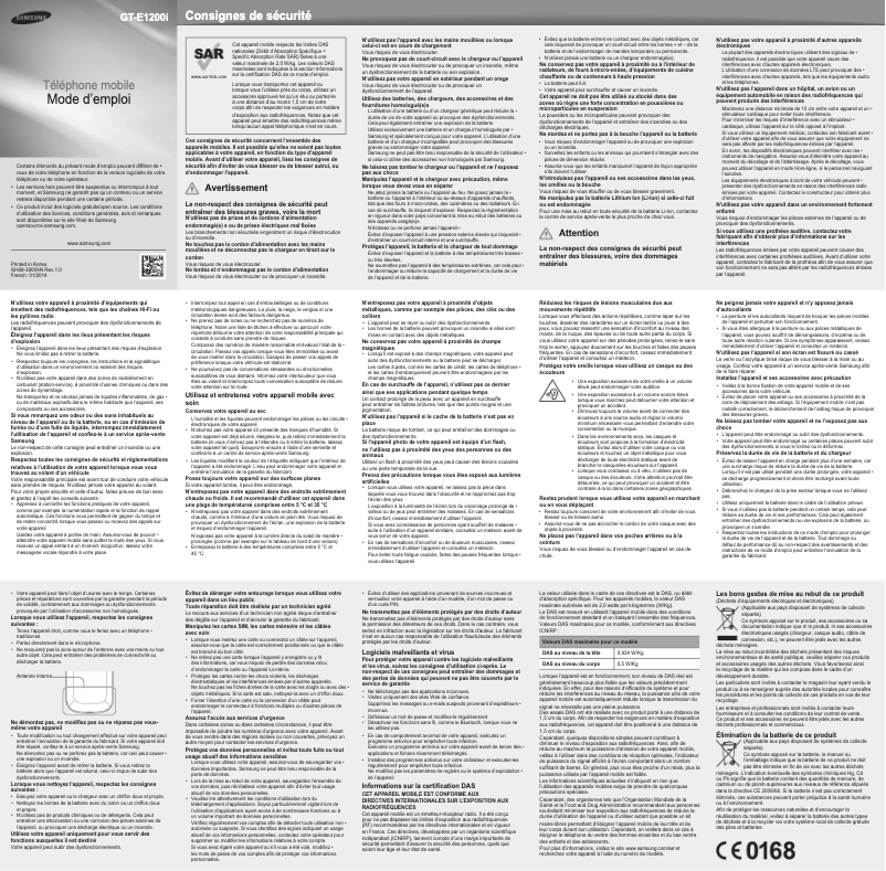 Page 1 de la notice Manuel utilisateur Samsung GT-E1202I