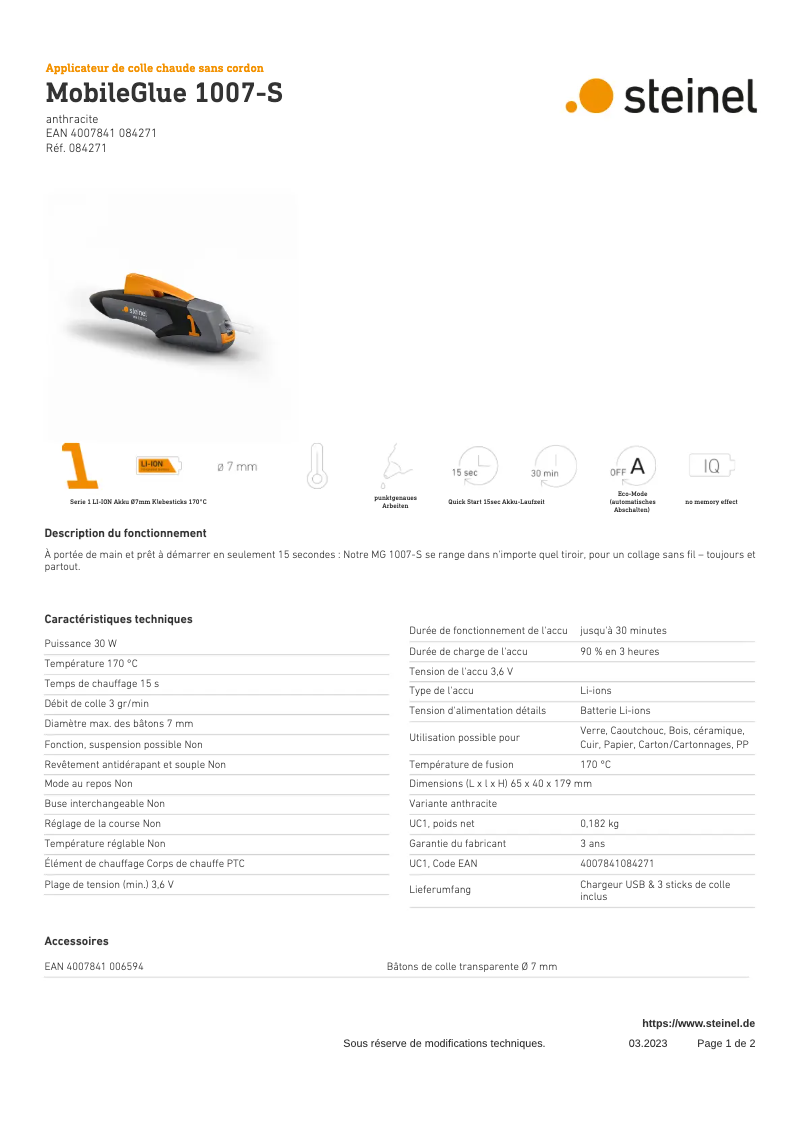 Page 1 de la notice Fiche technique Steinel MobileGlue 1007