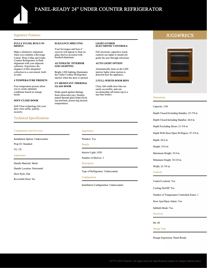 Page 1 de la notice Fiche technique JennAir JUG24FLECX