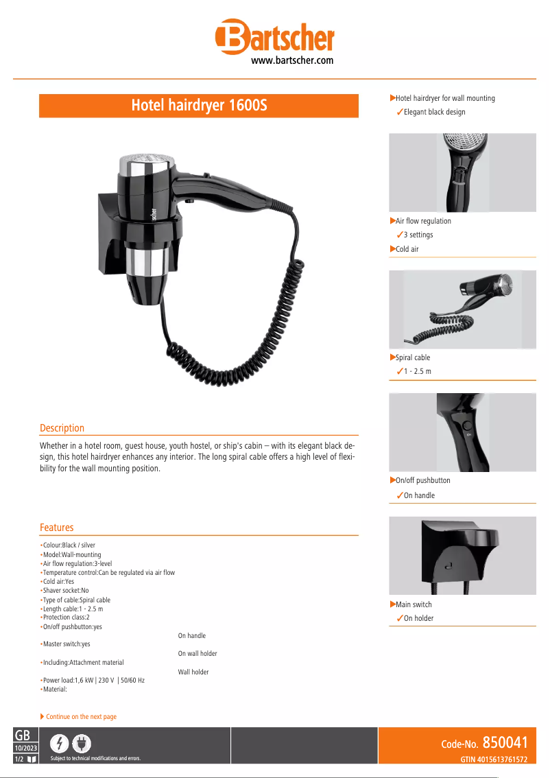 Page n°1 - Fiche technique Bartscher 1600S