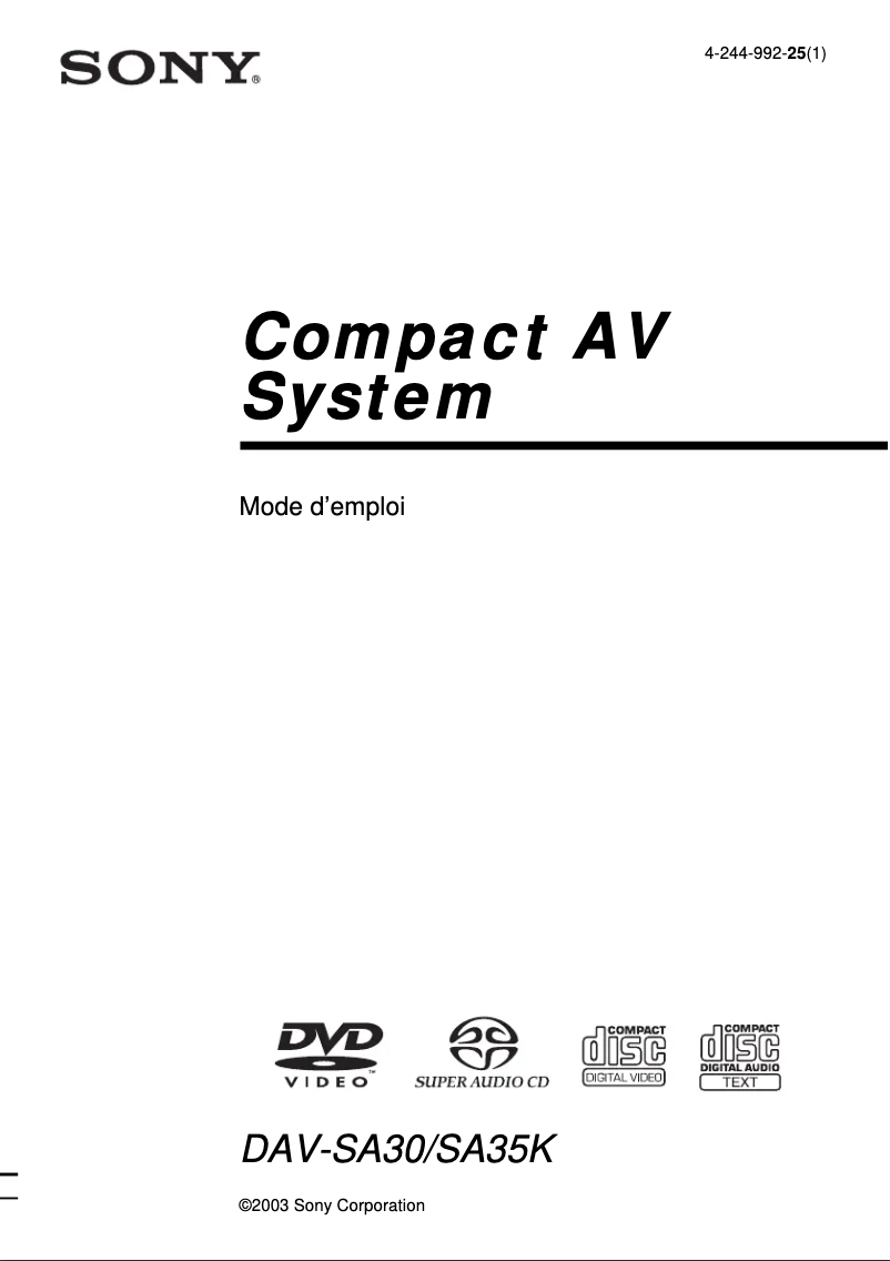 Page 1 de la notice Manuel utilisateur Sony DAV-SA35K