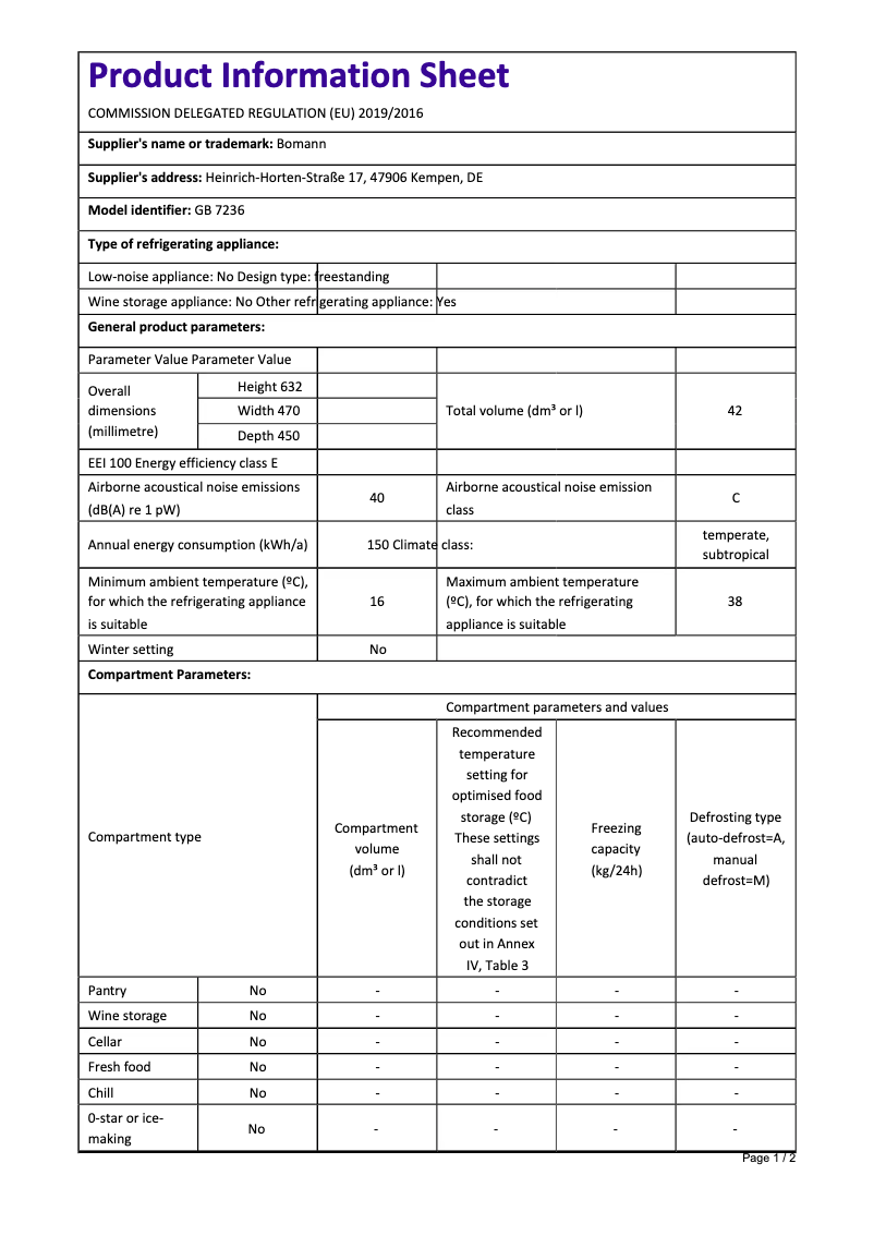 Page 1 de la notice Fiche technique Bomann GB 7236