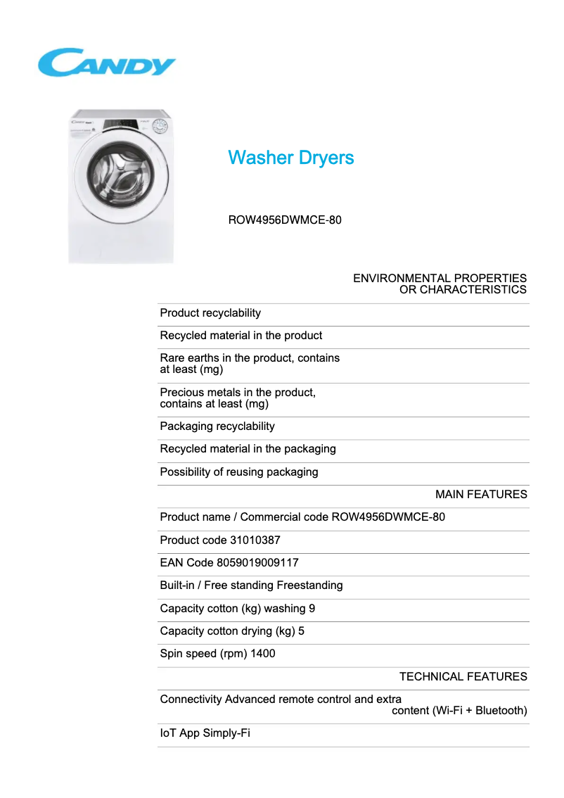 Image de la première page du manuel de l'appareil ROW4956DWMCE-80