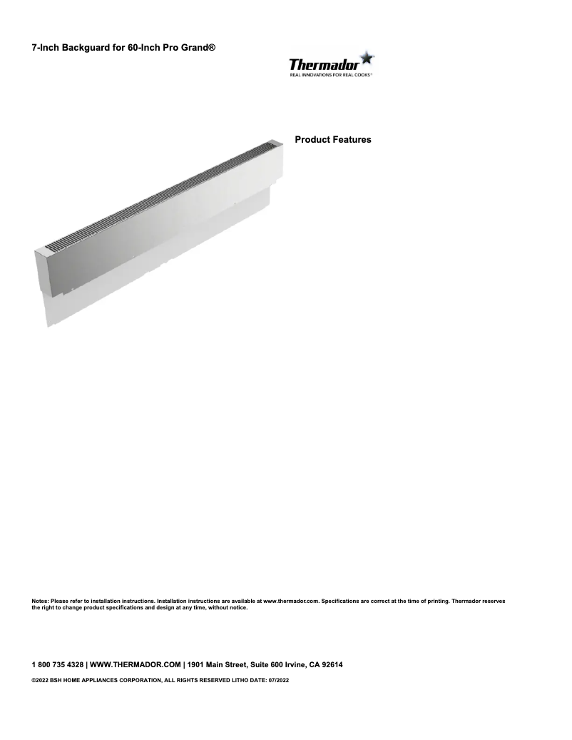 Page 1 de la notice Fiche technique Thermador PA60WLBG