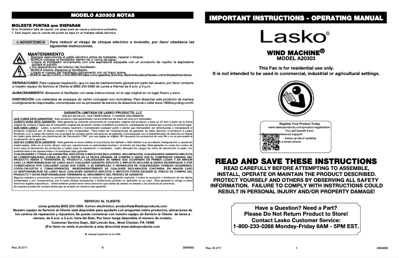 Page n°1 - Manuel utilisateur Lasko Wind Machine A20303