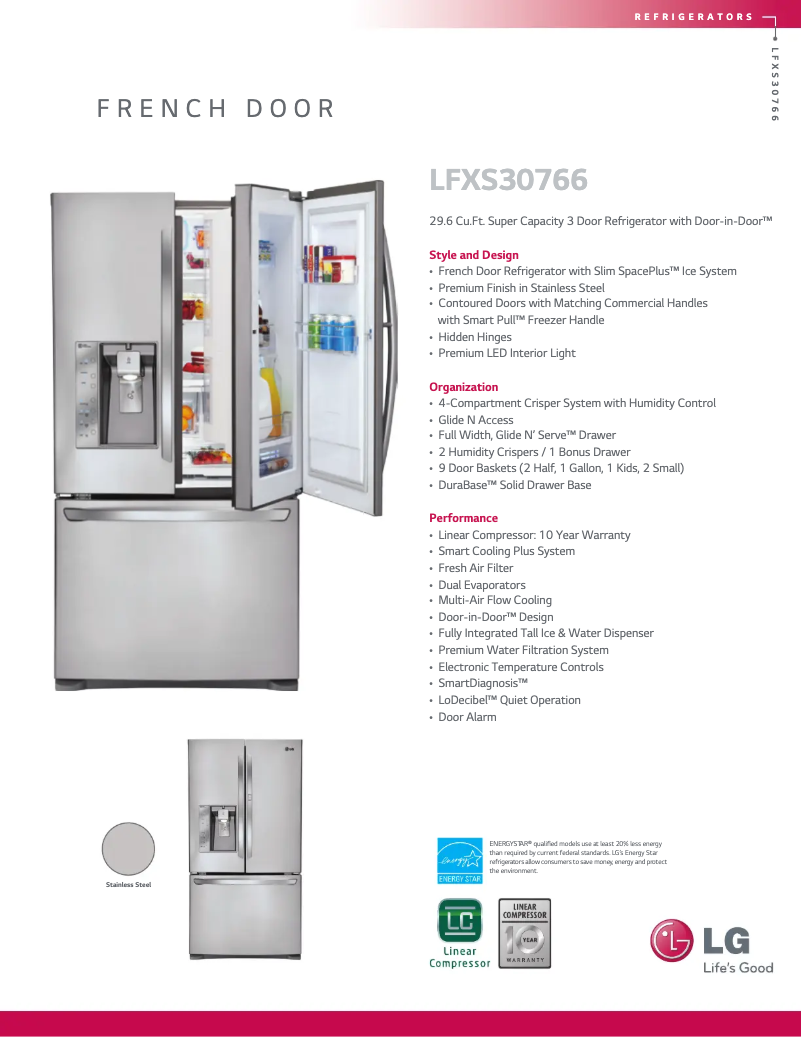 Page 1 de la notice Fiche technique LG LFXS30766S