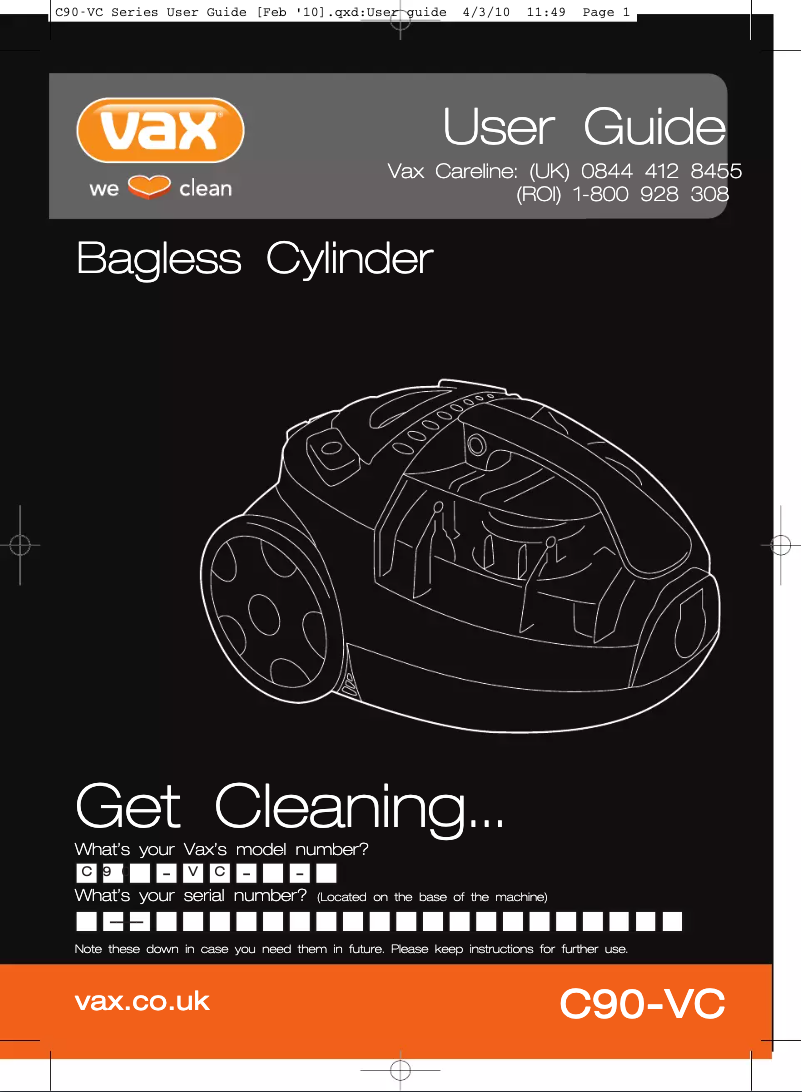 Page 1 de la notice Manuel utilisateur Vax C90-VC