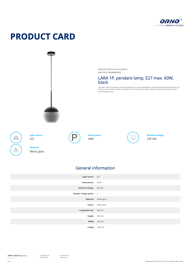 Page 1 de la notice Fiche technique Adviti AD-LD-6216BE27S