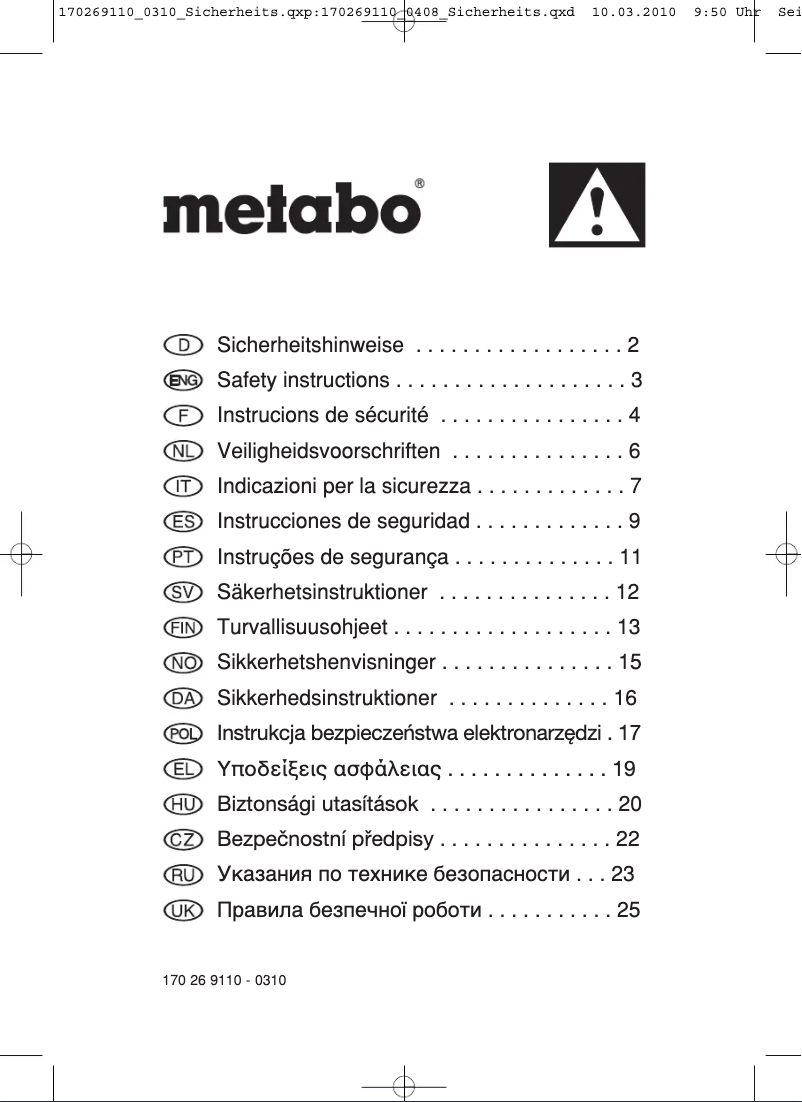 Page n°1 - Manuel utilisateur Metabo STE 65 SP