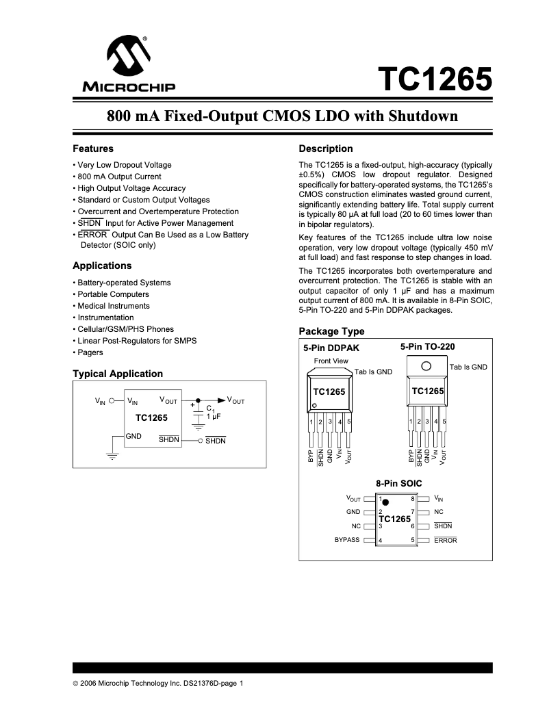 Page 1 de la notice Fiche technique Microchip TC1265