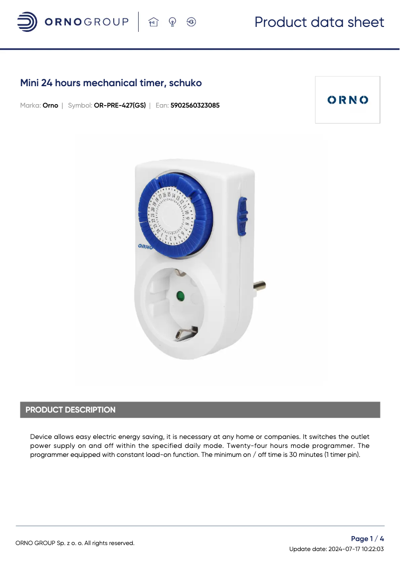 Página 1 del manual Ficha técnica ORNO OR-PRE-427