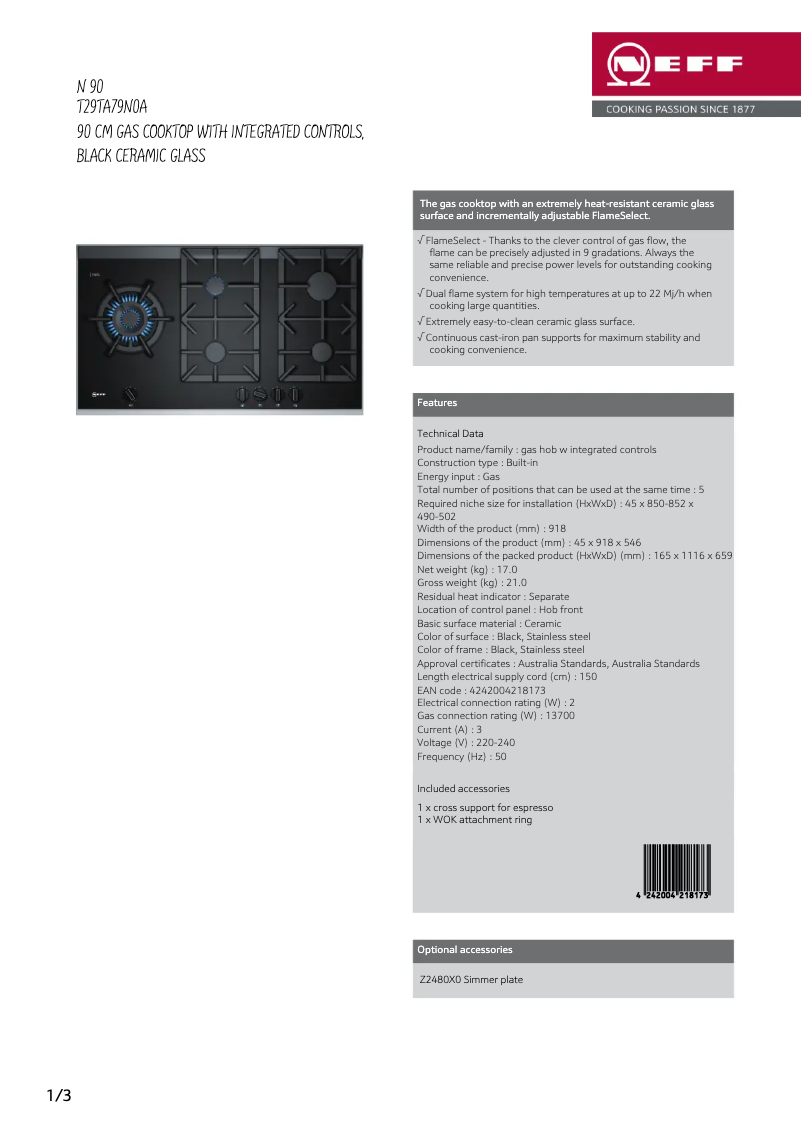 Page 1 de la notice Fiche technique Neff T29TA79N0A