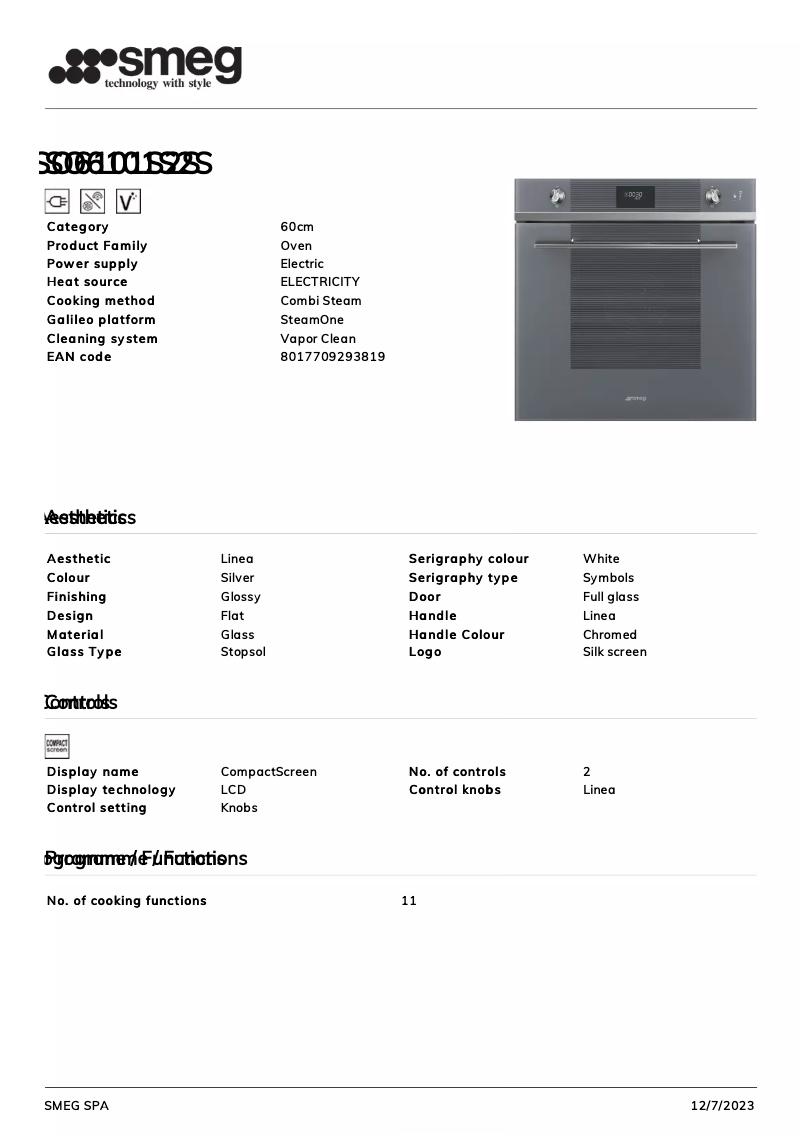 Página 1 del manual Ficha técnica Smeg SO6101S2S