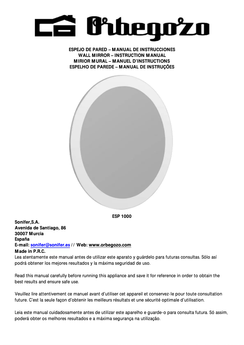 Page 1 of the manual User Manual Orbegozo ESP 1000