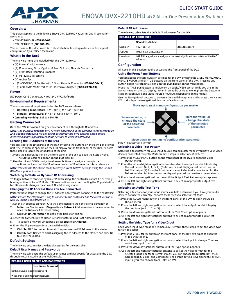 Page n°1 - Guide de démarrage rapide AMX Enova DVX-2210HD