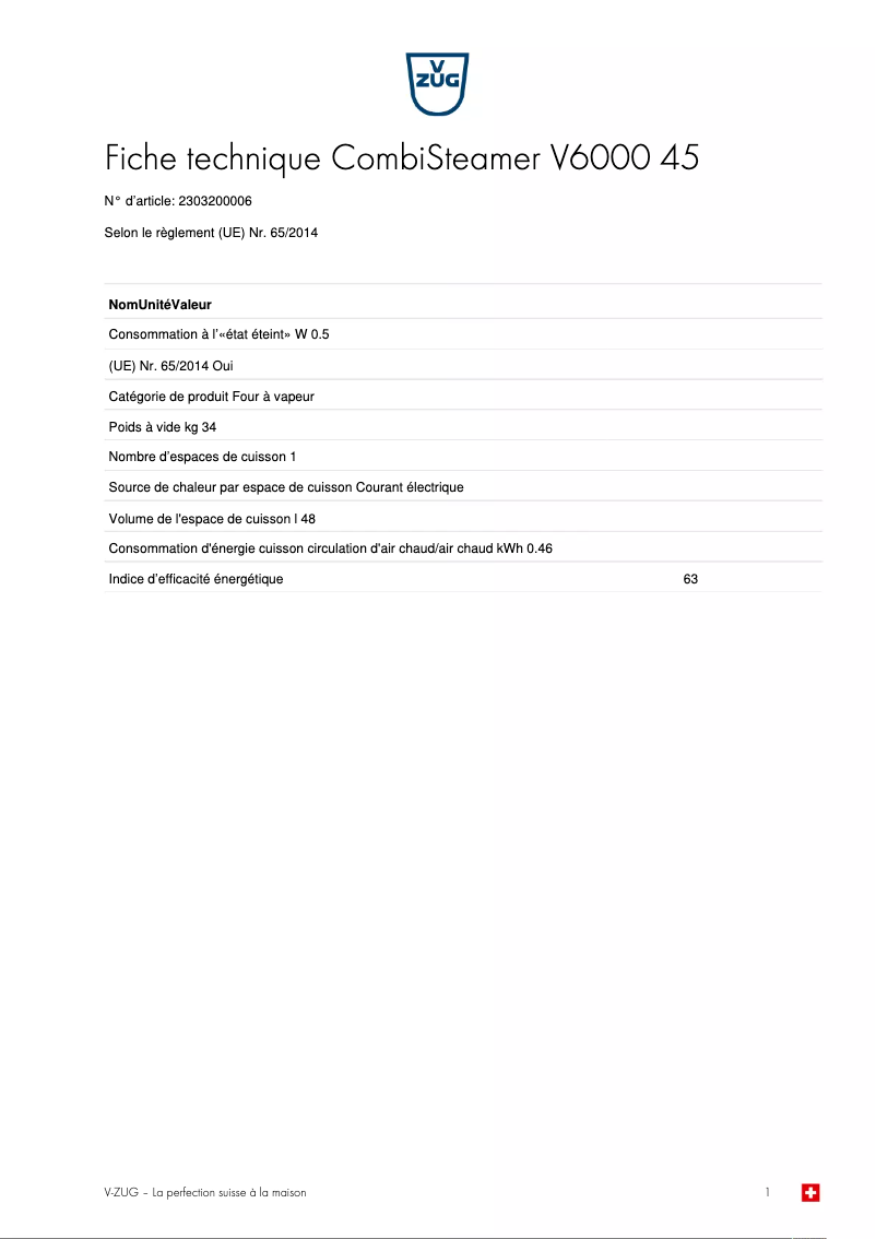 Page 1 of the manual Technical Sheet V-Zug CombiSteamer V6000 45