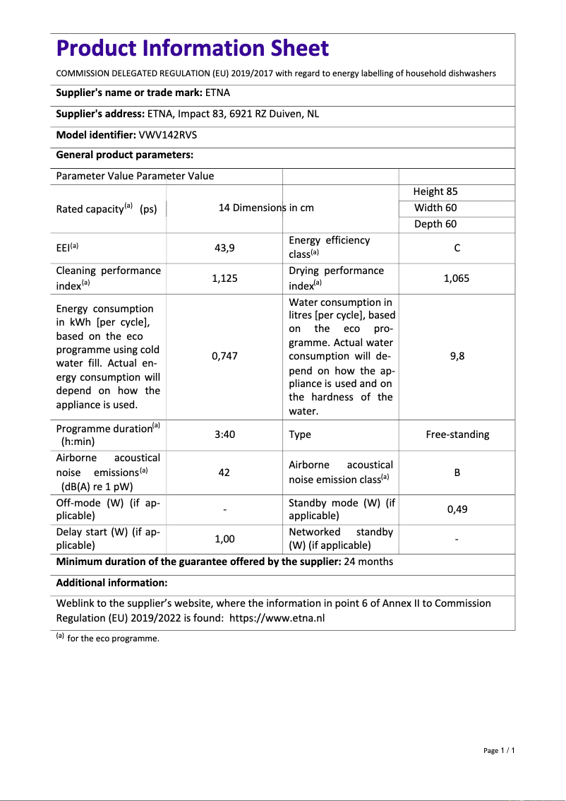 Image de la première page du manuel de l'appareil VWV142RVS