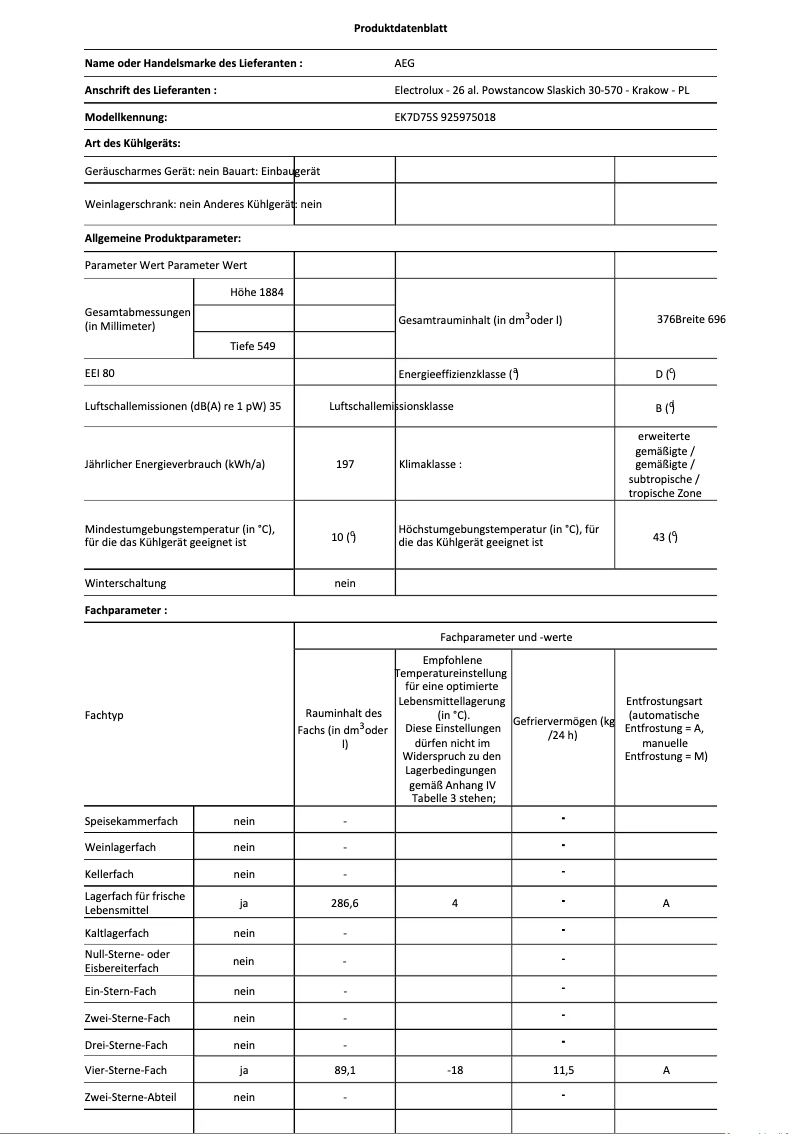 Page n°1 - Fiche technique AEG EK7D75S