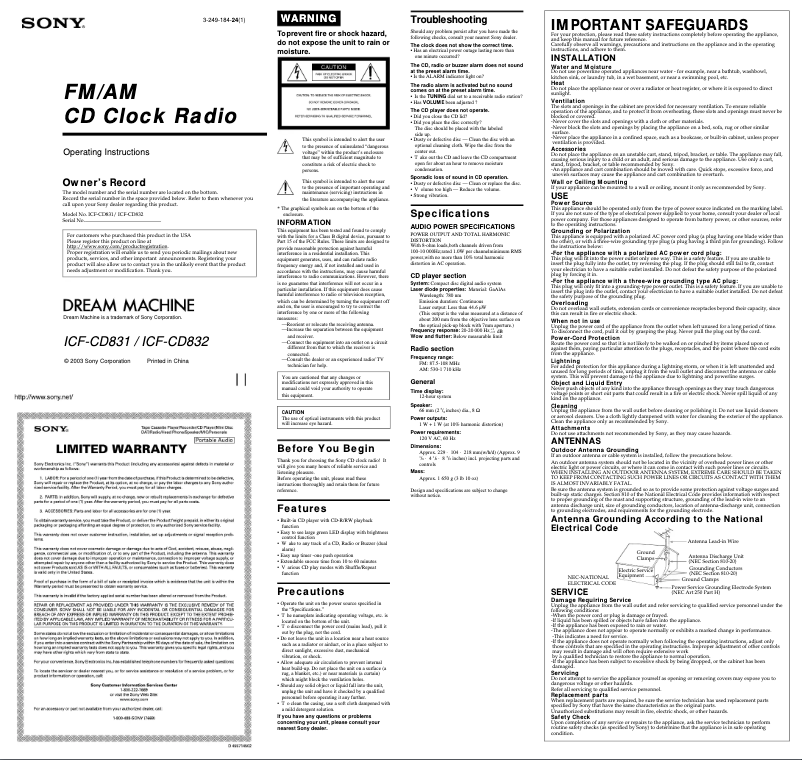 Page 1 de la notice Manuel utilisateur Sony ICF-CD832PS