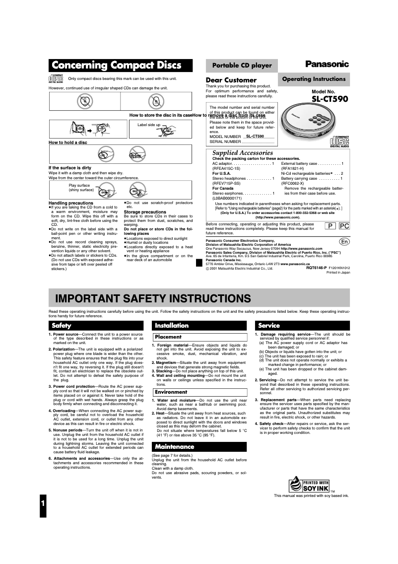 Page 1 de la notice Manuel utilisateur Panasonic SL-CT590