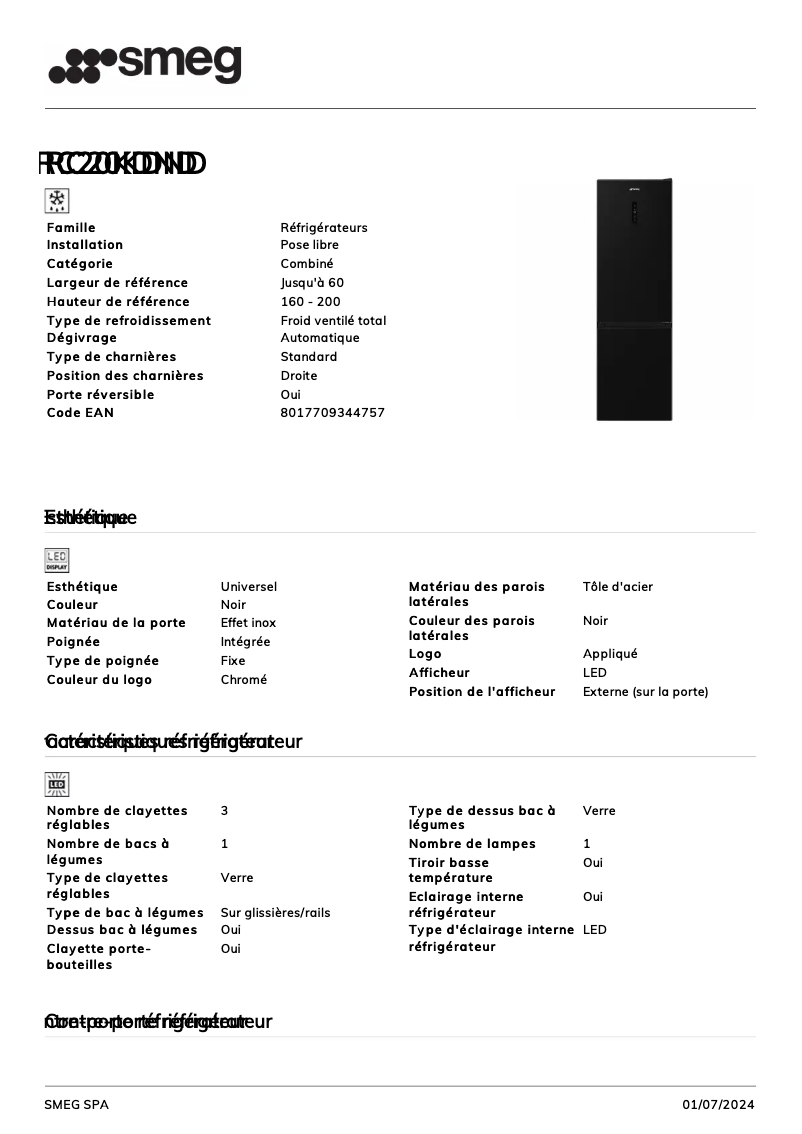 Page n°1 - Fiche technique Smeg RC20KDND
