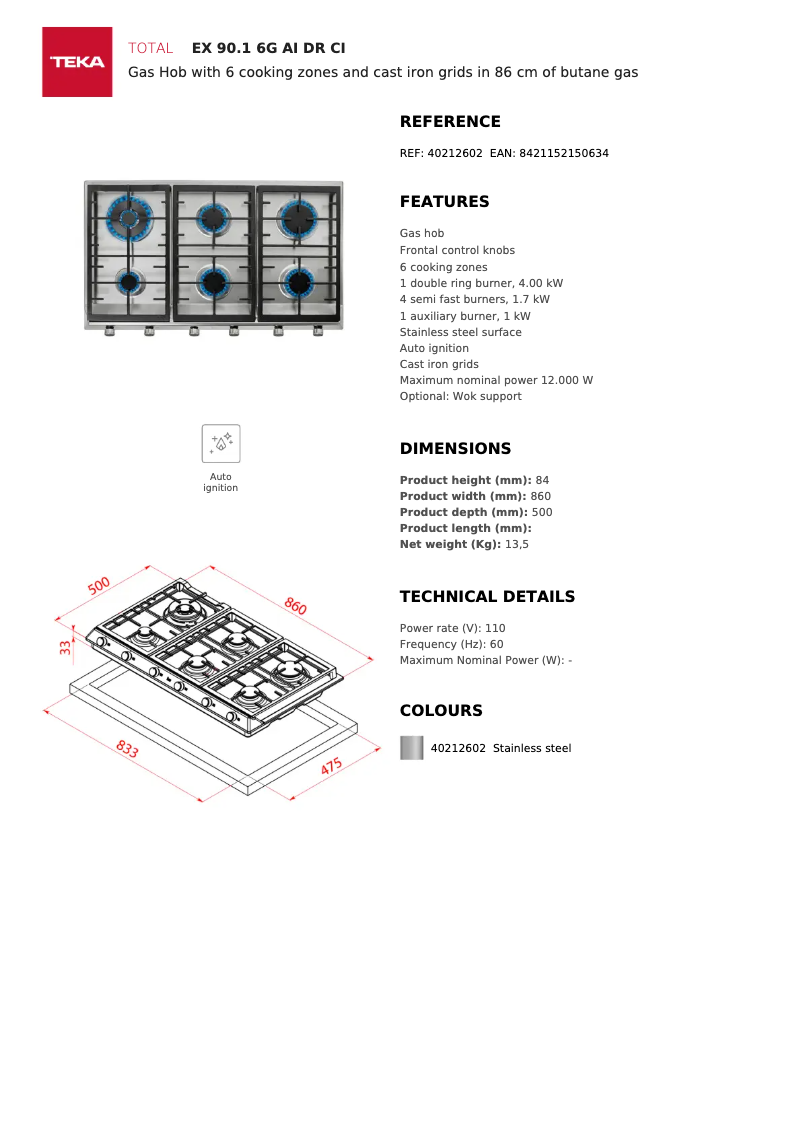 Page n°1 - Fiche technique Teka EX 90.1 6G Ai