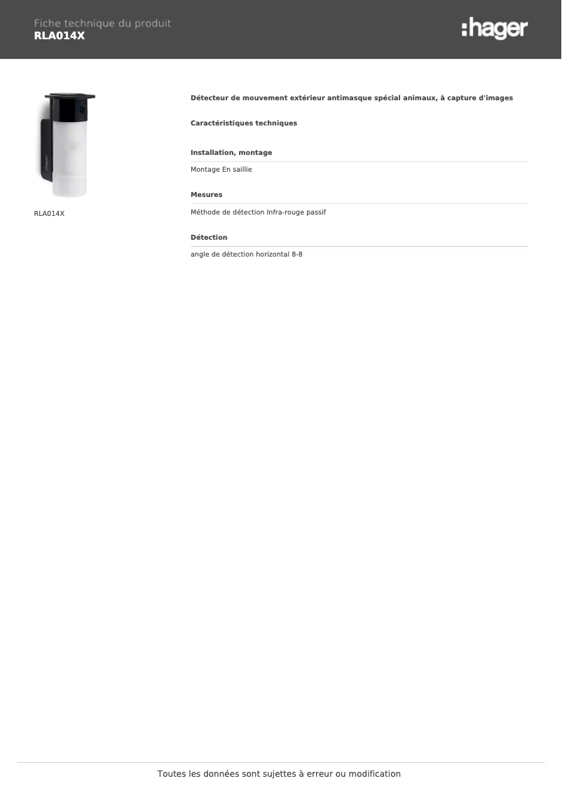 Page 1 de la notice Fiche technique Hager RLA014X