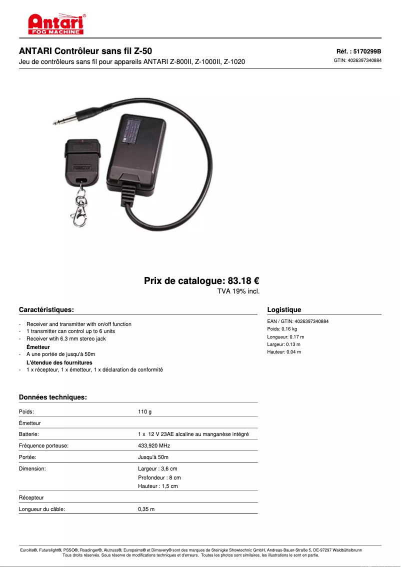 Page 1 de la notice Fiche technique Antari Z-50