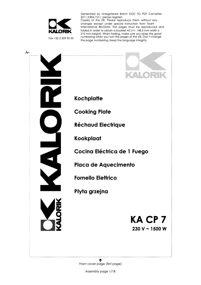 Page 1 de la notice Manuel utilisateur Kalorik KA CP 7