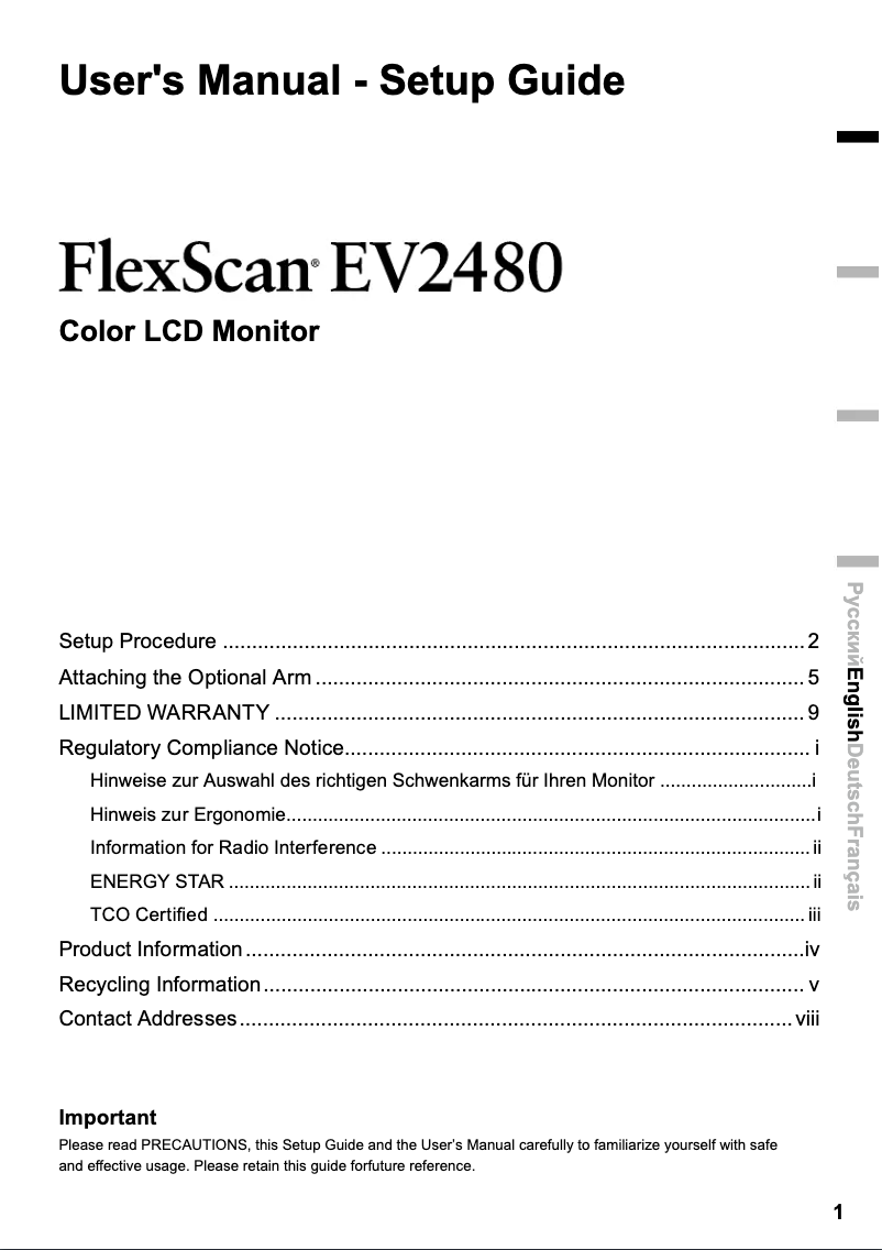 Page n°1 - Guide d'installation Eizo EV2480