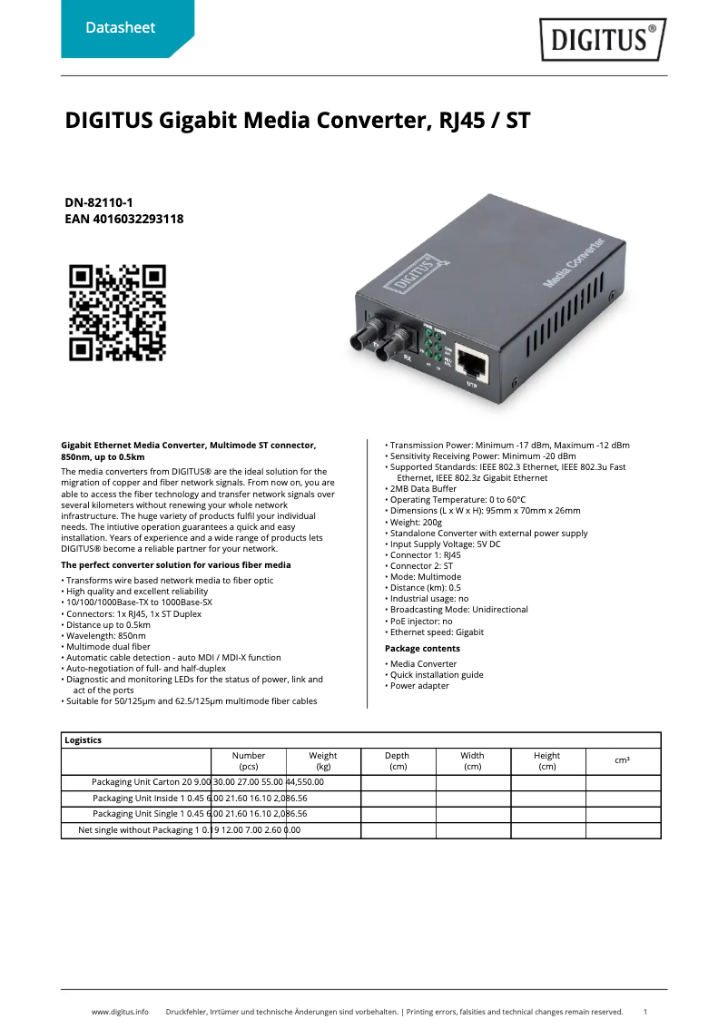 Page 1 de la notice Fiche technique Digitus DN-82110-1