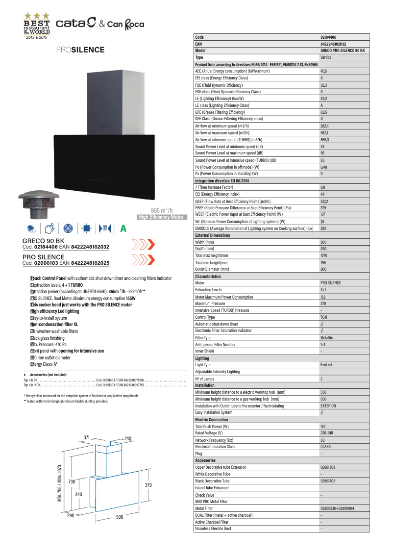 Page 1 de la notice Fiche technique CATA GRECO 90BK PRO SILENCE