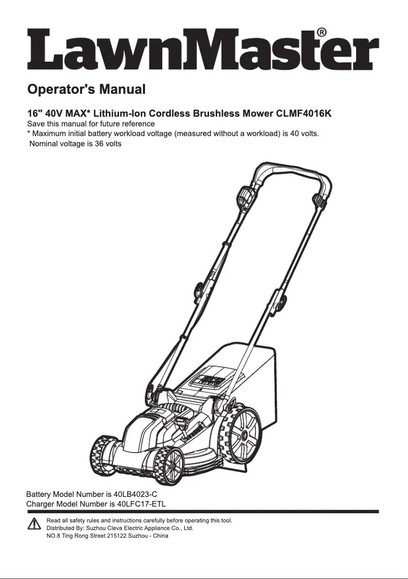 Page n°1 - Manuel utilisateur LawnMaster CLMF4016K