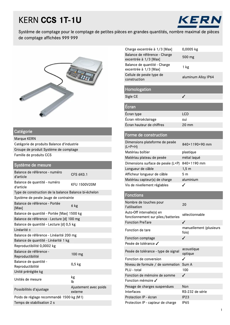 Page n°1 - Fiche technique Kern CCS 1T-1U