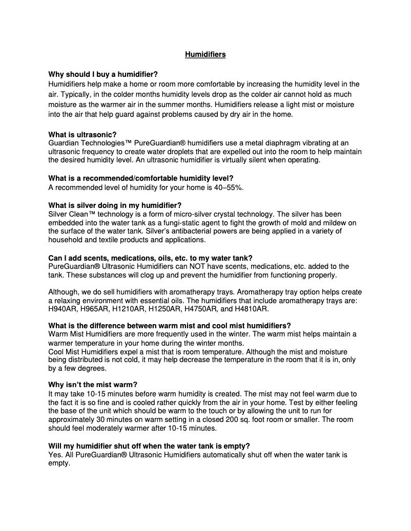 Página 1 del manual Preguntas frecuentes PureGuardian H1510