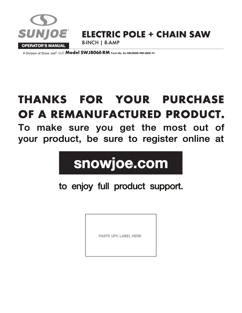 Page 1 de la notice Manuel utilisateur Sun Joe SWJ806E-RM