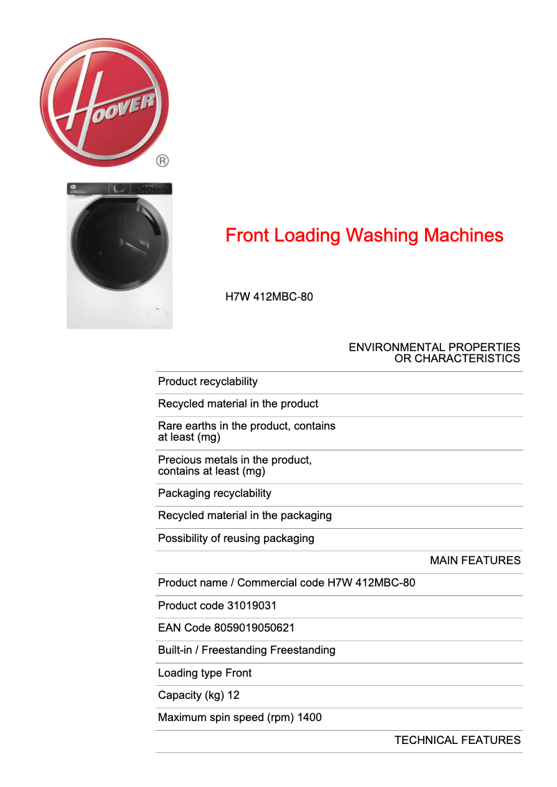 Page n°1 - Fiche technique Hoover H7W 412MBC-80