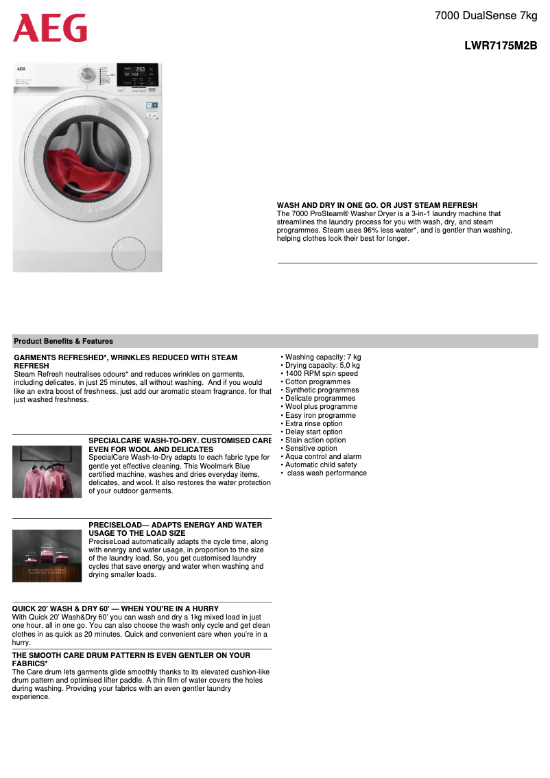 Page 1 de la notice Fiche technique AEG LWR7175M2B
