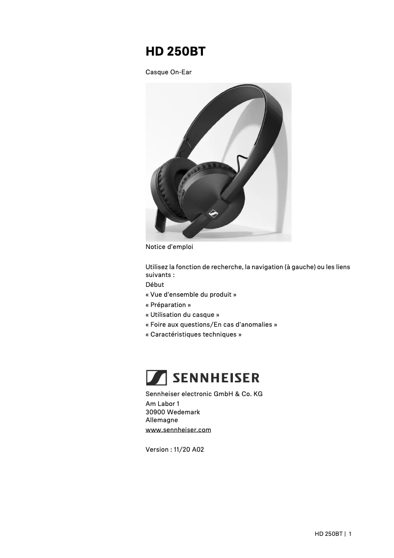 Page 1 de la notice Manuel utilisateur Sennheiser HD 250BT